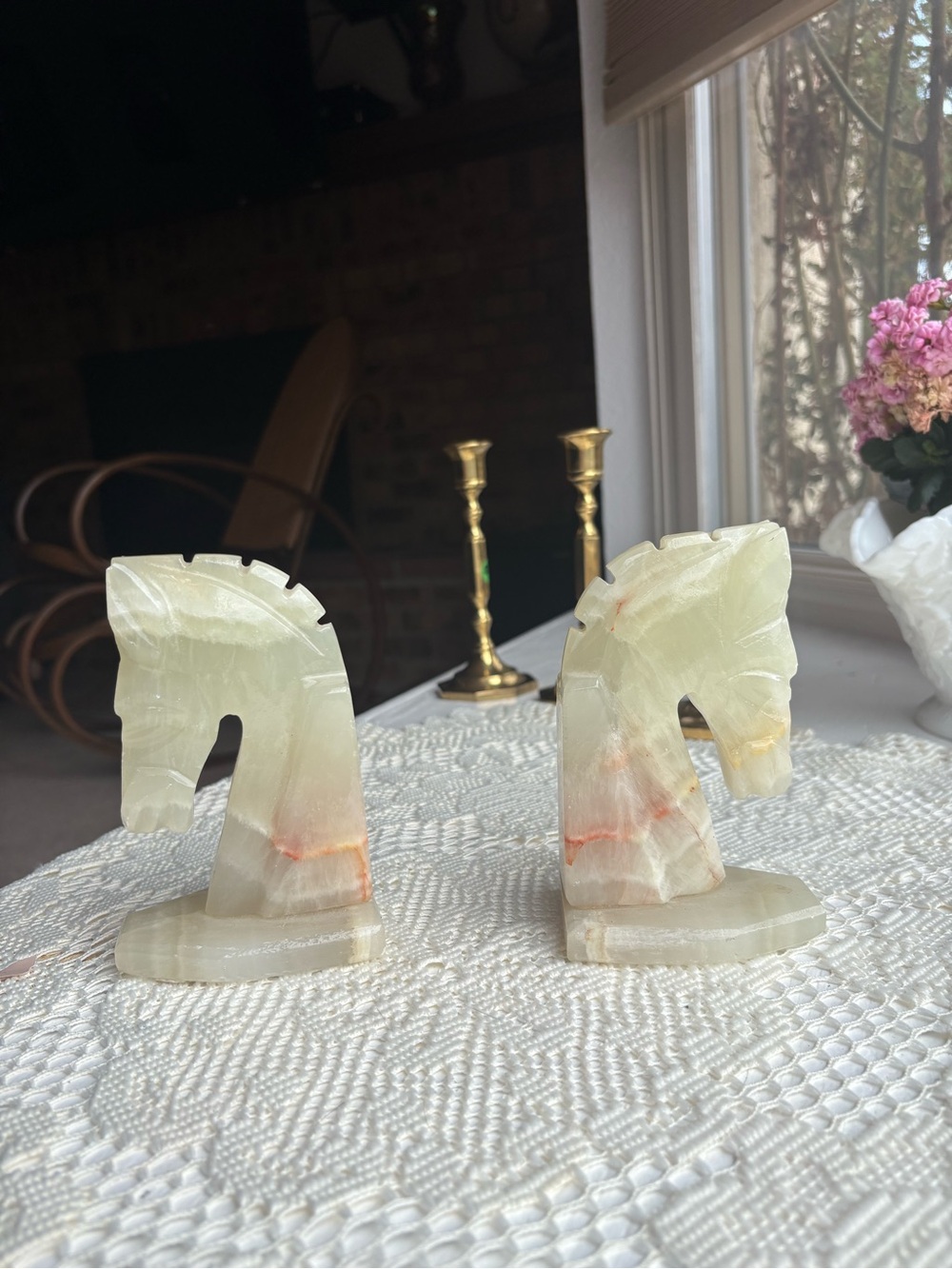 Hand-Carved Stone Horse Head Bookends - Cream and Peach Accent